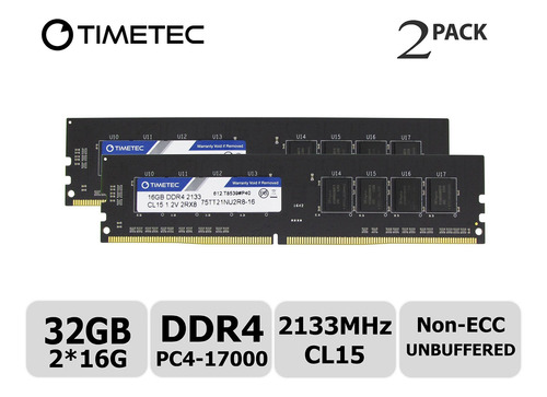 Memoria Ram 32gb Timetec Hynix Ic Kit(2x16gb) Ddr4 2133mhz Pc4-17000 Non Ecc Unbuffered 1.2v Cl15 2rx8 Dual Rank 288 Pin