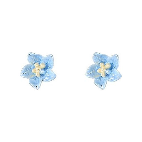 Lindos Aretes De Flor Azul Para Mujeres Y Niñas, Plata De Le