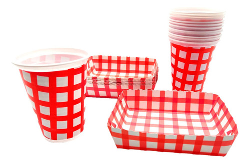 Kit Vasos Y Platos Blanco Rojo Cuadros Picnic X12 Units