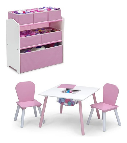 Set Infantil Mesa Con Dos Sillas De Madera Para Niñas Color Rosa
