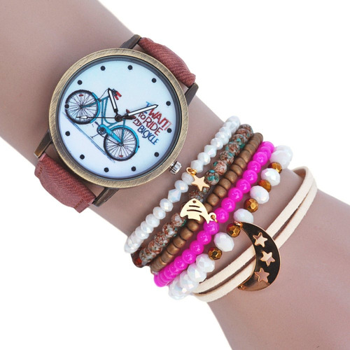 Reloj Mujer Bici + Pulsera Vintage Café