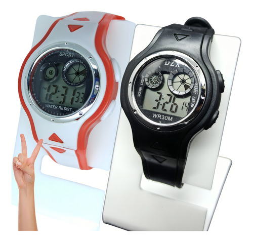 Kit 2 Relógio Digital Led Infantil de Pulso Masculino Feminino Menino Menina com Luz Alarme Cronômetro Calendário Data Pulseira de Silicone Borracha Redondo Cor Vermelho Branco Preto Presente Criança
