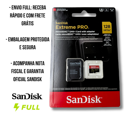 Cartão De Memória Sandisk Extreme Pro 128gb A2 V30 200mb/s