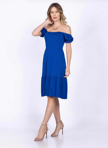 Imagem 3 de 6 de Vestido Malha Ombro A Ombro Com Manga Elastex Azul Royal