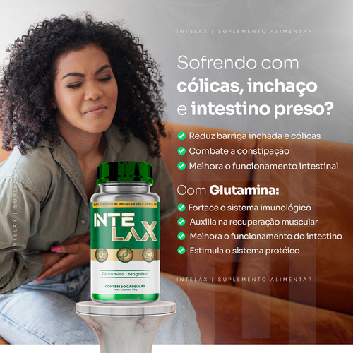 Suplemento Tratamento Natural INTELAX Auxilia Funcionamento Intestino Preso Ressecado Inflamado Gases Abdominais Regula Desinflama Indigestão Desintoxica Prebiótico Probiótico Fibras 60cáps Sem Sabor