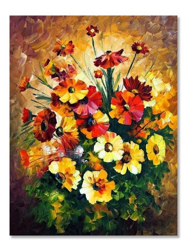 Cuadro Decorativo Abstracto Flores Rojas Amarillas En Lienzo