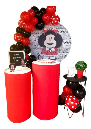 Kit Semiarco Rojo Negro Decoracion Globos Mafalda Polka