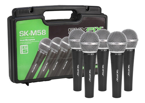 Kit C/ 5 Microfones Profissionais Skypix Sm58a Com Maleta