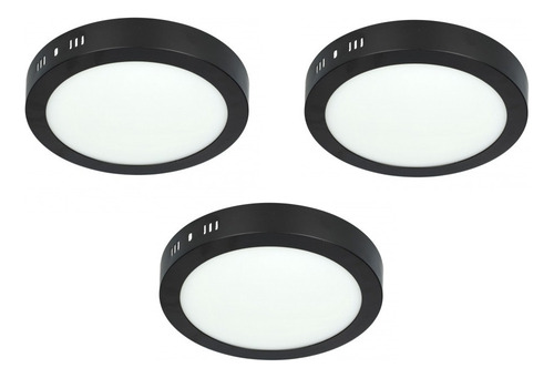 Pack 3 Focos Led Panel Redondo Sobrepuesto Negro 12w 220v Estructura Negro Blanco Frío 6000-6500 °K