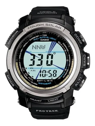 Reloj Casio Pro Trek Prg-200-1d Triple Sensor Tough Solar Color de la correa Negro Color del bisel Plateado Color del fondo Gris