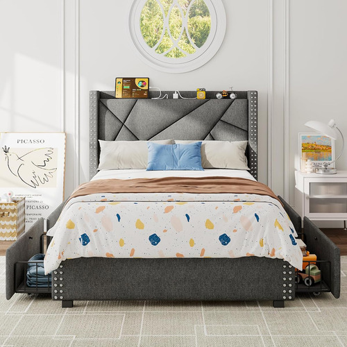 Base De Cama Minimalista Individual C/ 4 Cajones Dark Gray