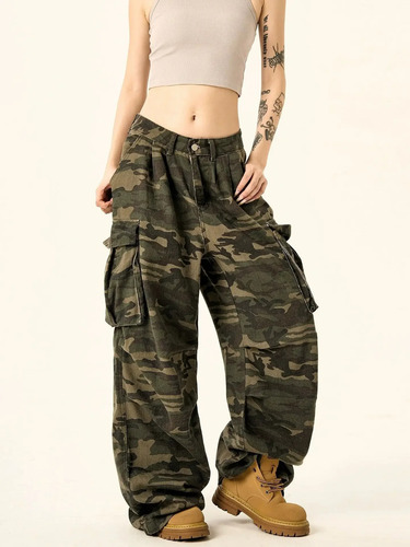 Jeans Anchos Con MĂșltiples Bolsillos De Camuflaje Para Mujer
