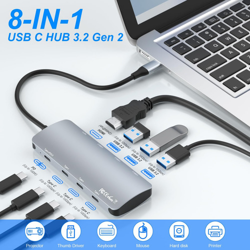 Hub Usb C 8 En 1 Adaptador Multipuerto Usb C De 10 Gbps Con
