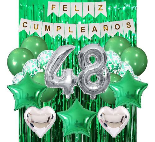 Combo Kit Cumpleaños Fiesta Globos Deco Verde Plata