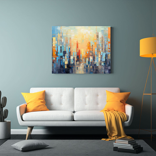 65x50cm Cuadro Abstracto Neocubista Con Luz Dorada Flores