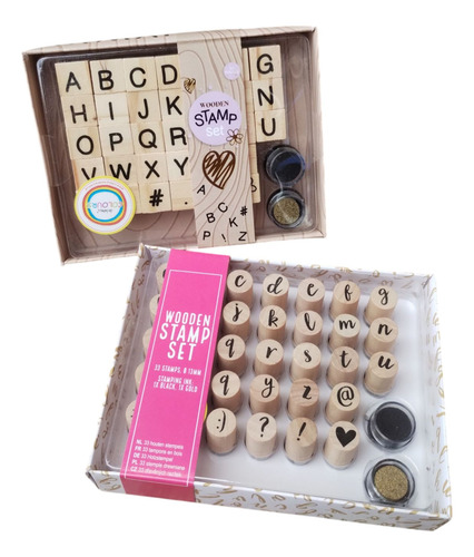 Set De Sellos Letras De Madera Abc Con 2 Almohadillas Negro Dorado Madera