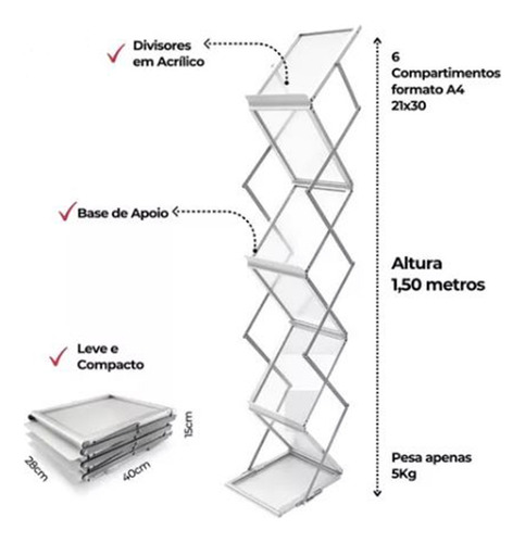 Porta Catálogo Folder Display Sanfonado Retrátil Z Alumínio