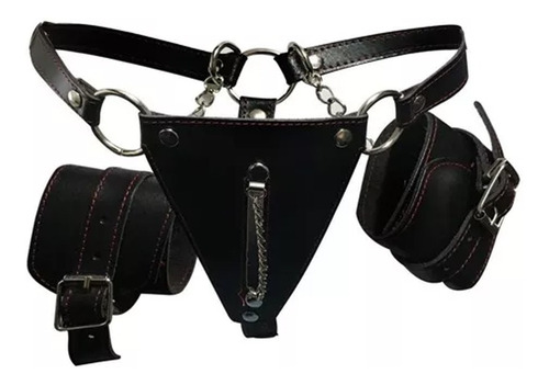 Bombacha De Cuero Tanga Sado Con Esposas Inmobilizador Bdsm