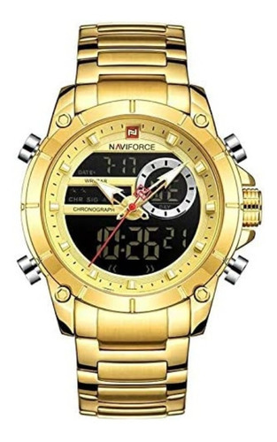 Reloj Naviforce 9163 original de acero inoxidable deportivo para hombre, color dorado, bisel, color plateado, color de fondo negro