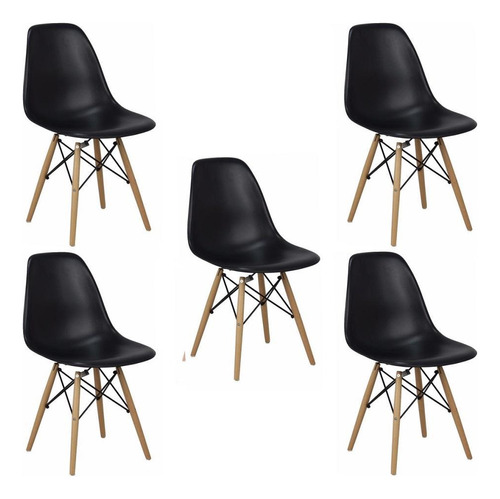 Kit 5 Cadeiras Charles Eames Eiffel Wood Design Branca Preta