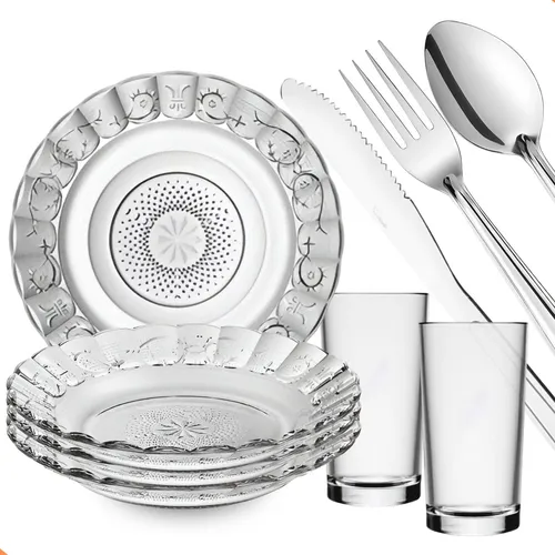 Aparelho De Jantar 20 Peças - Pratos + Copos + Talheres Inox Transparente