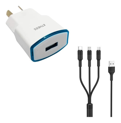 Cargador Universal Usb 2,1 A + Cable 3 En 1 - Etheos