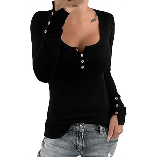 Mujer Sexy Sólido Botón Manga Larga V-cuello Jersey 28965