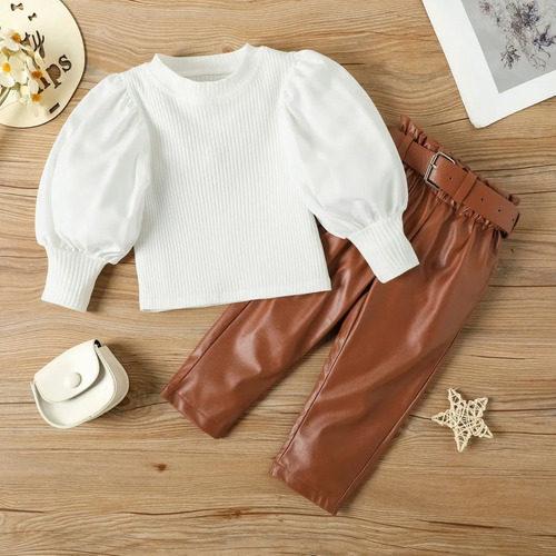 . Conjunto De Ropa Niñas Blusa Mangas Abullonadas +