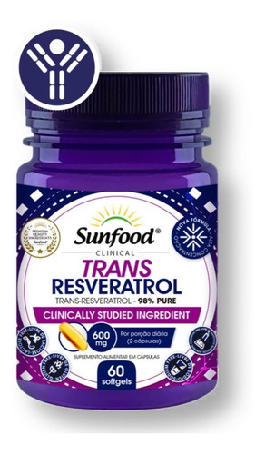 Trans Resveratrol 600mg 98% Puro Sunfood 60 Cápsulas