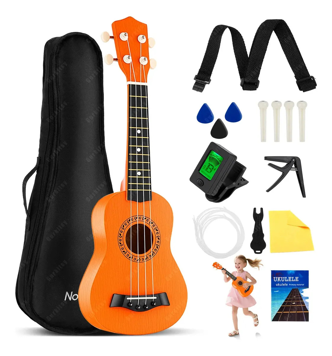 Kit De Ukelele Soprano Acústico Madera Universal 21pulgadas Con Afinador, Gurkitsy Ukulele 4 Cuerda 21in Concierto Acustico Con Afinador Electrónico, Correa, Bolsa 15pcs Accesorio Para Adulto Y Niños