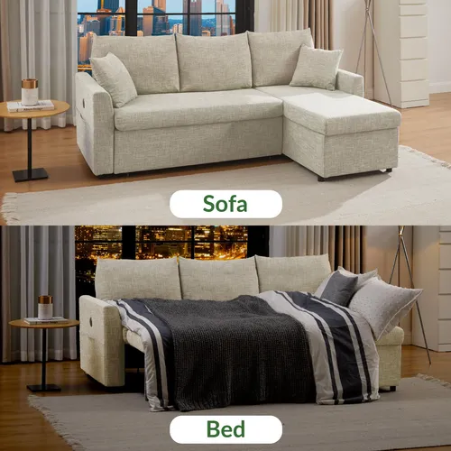 Sofá Cama Convertible En L Con Usb-c Y Almacenamiento Beige