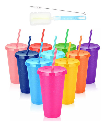 10 Vasos Reutilizables Plástico 710 Ml C/tapa Y Popote