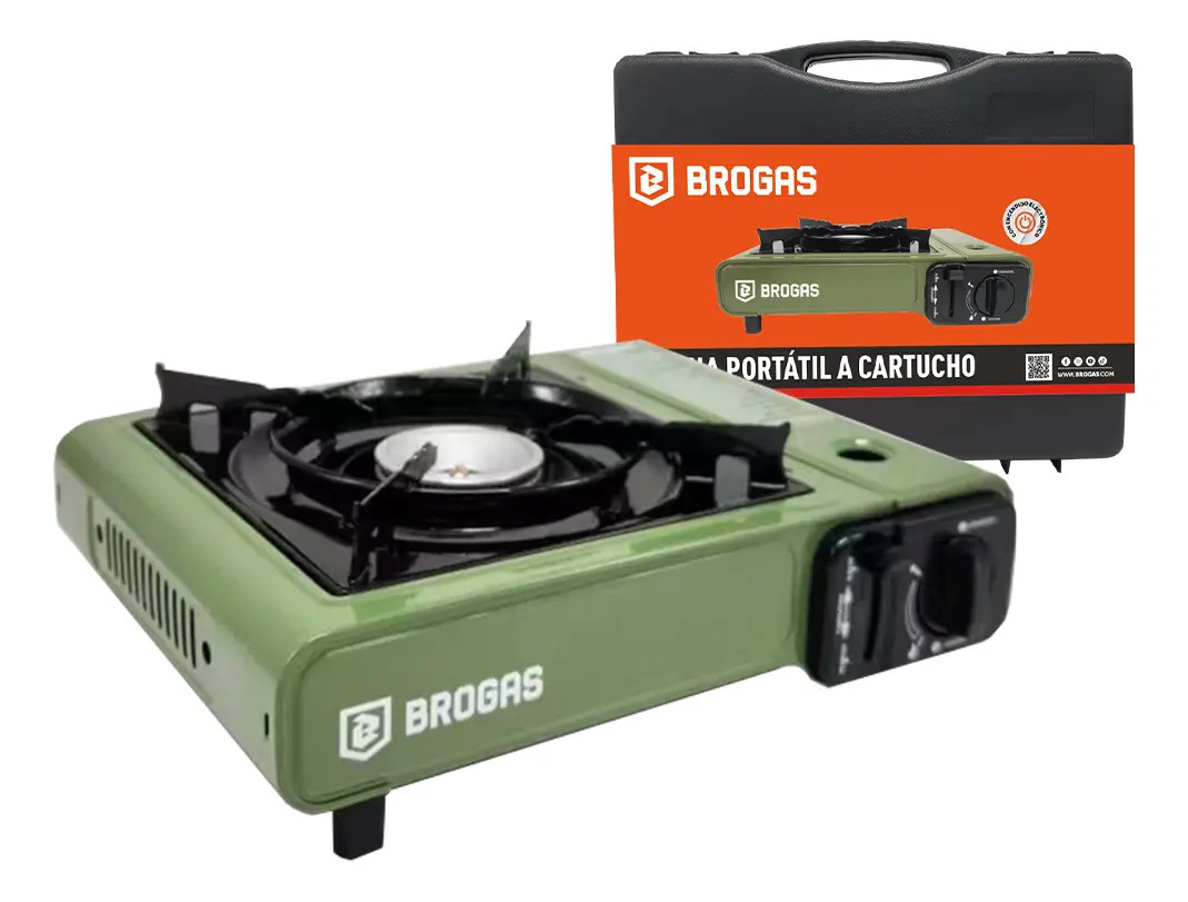 Anafe portátil Brogas a gas butano verde con maletín para camping