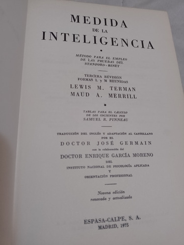 Medida De La Inteligencia. Lewis Terman Maud Merrill. Espasa (Usado)