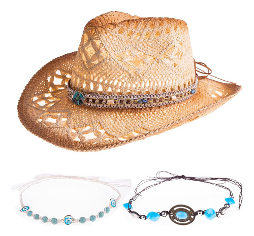 Sombrero De Vaquero De Paja Para Mujer, Tela De Vaquera Beige A Talla Única