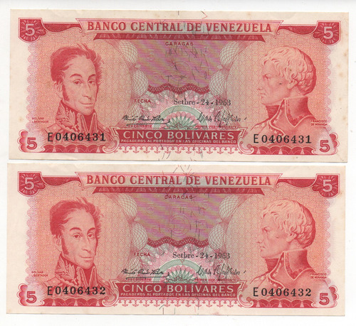 2 Billetes 5 Bs Consecutivos Septiembre 1968