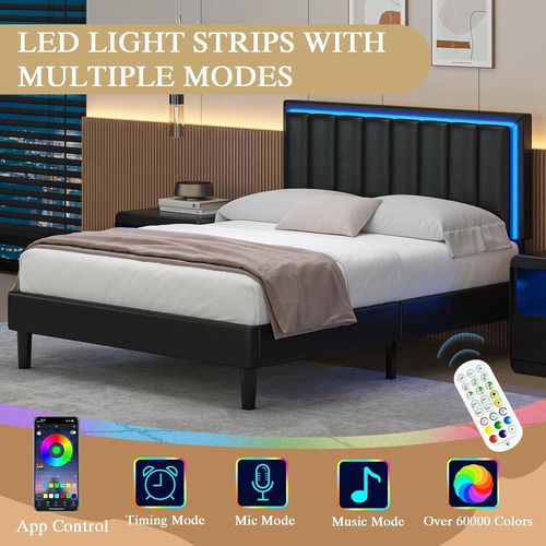 Bed Frame Matrimonial Color Negro C/cabecera Con Luz Led