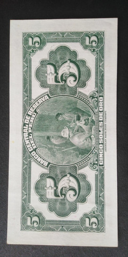Imagen 2 de 2 de Billete De 5 Soles De Oro De 1944 Sin Circular Impecable