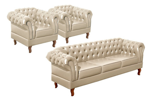 Conjunto Kit Sofá 3 Lug Poltronas Dom Pedro Chesterfield Cor Couríssimo Bege 045 Desenho Do Tecido Liso