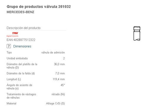 Imagen 2 de 4 de Valvulas De Admision Slk 32 Amg K 2003 Motor M 112.960