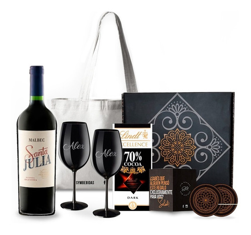 Box Vino Santa Julia Copas Negras Grabadas Chocolates Kit