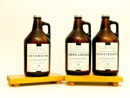 Set X3 Botellon Growlers Vidrio Ambar Con Etiqueta 1.9l