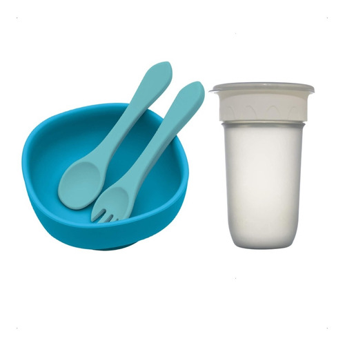 Kit Prato Bowl Tigela Silicone Ventosa + Copo Kababy Azul