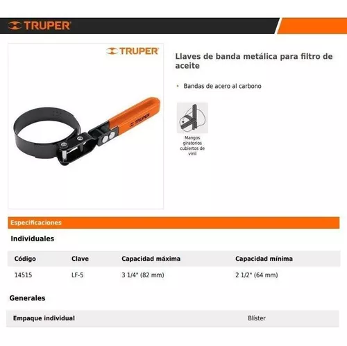 Llave De Banda Metalica Para Filtro De Aceite 3 1/4 Truper