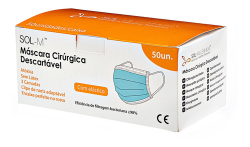 50 Máscaras Descartáveis Tripla Camada Com Clipe Nasal