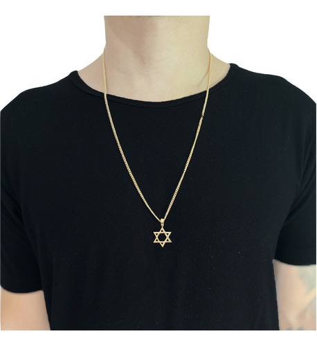 Corrente Cordão Aço + Pingente Estrela Davi Banhado A Ouro Cor 80cm