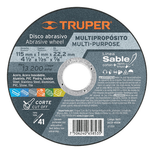 Disco Corte Multimaterial 4-1/2 X 1 Mm Truper 18651