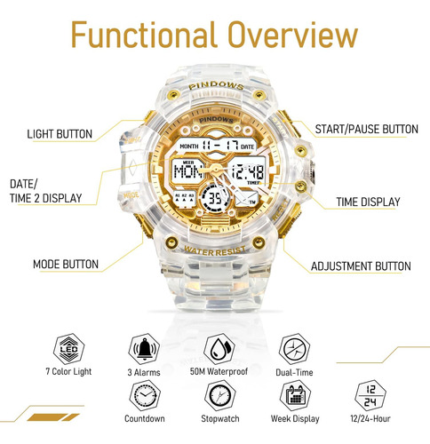 Pinidous Reloj Deportivo Digital Para Hombre, Luz Led De 7 C