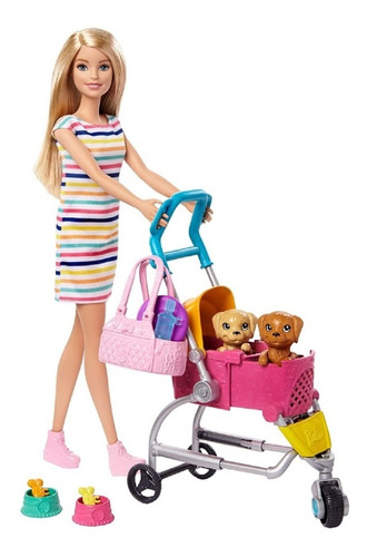 Muñeca Barbie Con Coche Para Pasear Cachorros