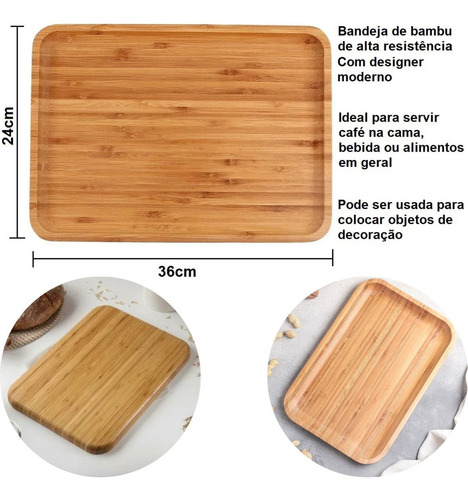 Bandeja Com Alça Em Madeira Bambu 36x24cm Retangular Cama